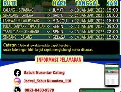 Jadwal Penyeberangan Via Dermaga Pelabuhan Kelas III Calang Tujuan Sinabang